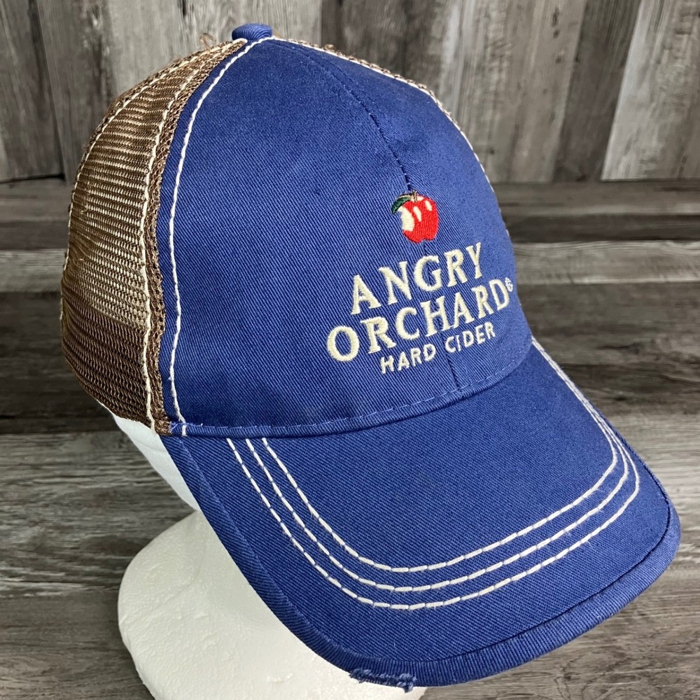 Angry Orchard Hard Cider Trucker Hat Blue Brown Distressed Snapback RN141434